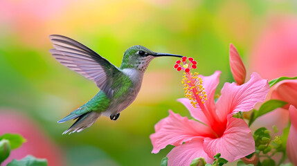 The enchanting hummingbird, adorned with delicate jewels, hovers amidst tropical blooms. Its iridescent feathers catch the sun's rays, casting prismatic hues, a fleeting vision of ethereal beauty and 