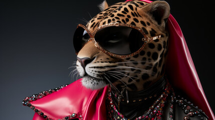 Envision a sleek panther in a leather biker jacket, adorned with studs and chains, and sporting a pair of mirrored aviators. Against an industrial backdrop, it exudes rebel chic. The vibe: edgy and fe
