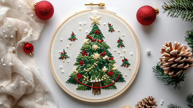 Top view cute Christmas tree embroidery in a round hook, generative Ai