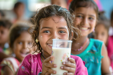 Cheerful Young Girl with a Glass of Milk