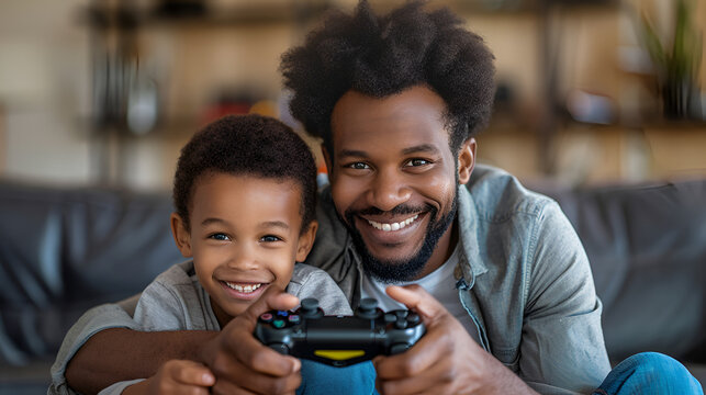 The smiling boy and his father playing video games, generative Ai