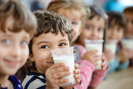 Smiling Children Holding Glasses of Milk in Classroom