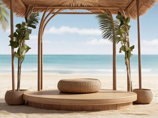 3D podium for showcasing summer products, beach background, for business