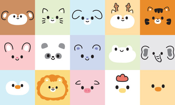 Set of cute face animals on pastel frame background.Cartoon character design.Wild,pet,farm,rodent,reptile head animal.Kawaii.Vector.Illustration.