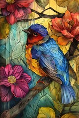 Fototapeta premium A meticulously crafted illustration of a colorful bird amidst stained glass style flowers
