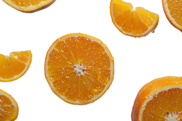 
Fresh juicy sliced oranges with droplets and a white background Real daytime first person perspective