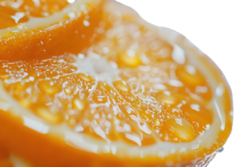 
Fresh juicy sliced oranges with droplets and a white background Real daytime first person perspective