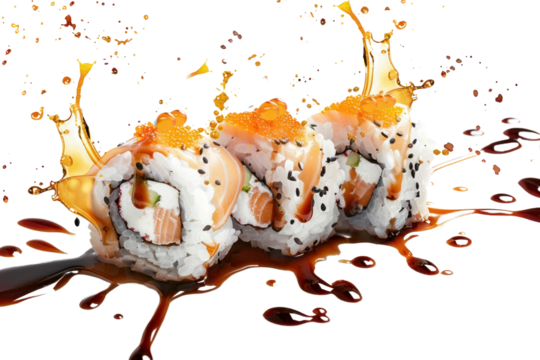 
Fresh sushi rolls and ingredients with splashes of soy sauce, isolated on white background first person view realistic daylight