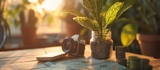 A plant sits on a table next to a camera and a stack of money, personal financial concept - Powered by Adobe