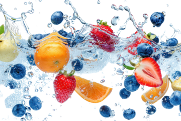 Mixed fruits floating in the water, bright, with oranges, strawberries, kiwis, graphics, white background.