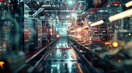 Security technology with AI smart surveillance control at factory and industry area, the security system can control electrical equipment in modern factory, AI generated, space for ads