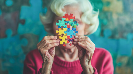 A woman holding a jigsaw puzzle with a blue background, Alzheimer's disease concept