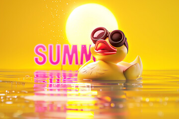 Get ready for some poolside fun with this adorable illustration featuring a rubber duck sporting black goggles, floating in the summer sun. Brighten up your designs with this cheerful image