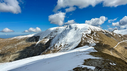 View of the summit of Monterotondo in the national park of Monti Sibillini with snow in the Marche...