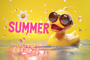 Dive into summer vibes with this playful 3D rendering of a rubber duck wearing black goggles, floating leisurely on the water. Perfect for adding a touch of whimsy to your creative projects
