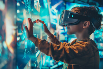 Step into the digital classroom where kids embrace the future of learning, touching virtual screens with VR glasses, fostering interactive education in an immersive environment