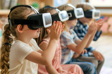 Discover the possibilities of VR education as children engage with virtual screens using VR glasses, blending technology and learning for a dynamic and interactive educational experience