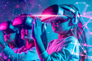 Discover a new dimension of learning with kids engaging in virtual education using VR glasses, amidst purple and blue light, fostering an interactive and futuristic classroom environment