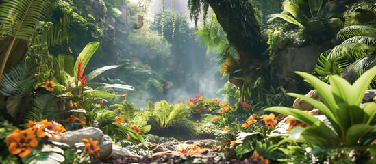 A lush jungle scene with a lot of greenery and flowers, sustainable natural biodiversity