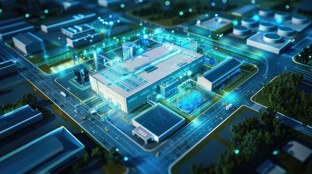 Security technology with AI smart surveillance control at factory and industry area, the security system can control electrical equipment in modern factory, AI generated, space for ads