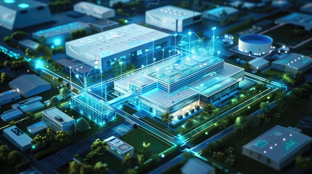 Security technology with AI smart surveillance control at factory and industry area, the security system can control electrical equipment in modern factory, AI generated, space for ads