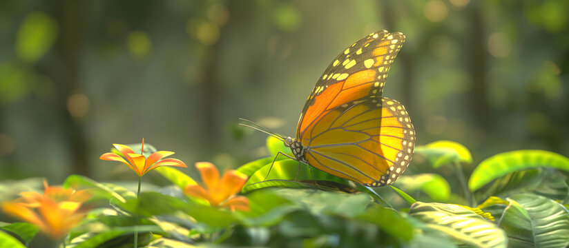 A butterfly is resting on a leaf in a lush green field, sustainable natural biodiversity