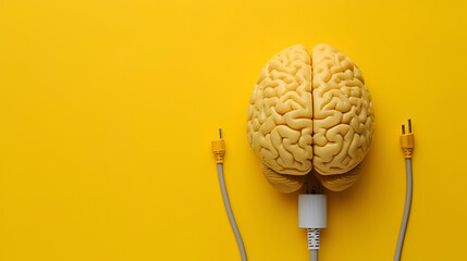 Yellow of human brain with electric or power cables on yellow background.  generative ai  - obrazy, fototapety, plakaty