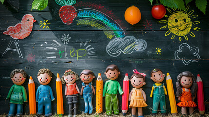 A group of children stand in front of a chalkboard, each holding a pencil. They are celebrating Teachers Day in a classroom setting