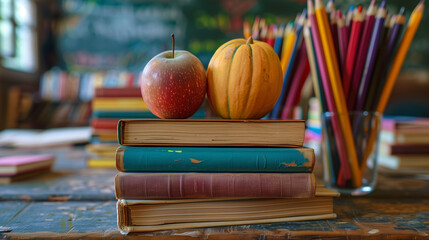 A whimsical arrangement of a stack of books with a vibrant red apple perched on top, symbolizing the importance of education and health. Perfect for celebrating Teachers Day