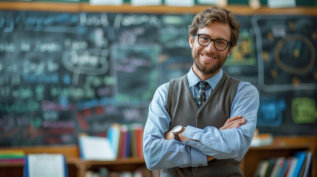 A man with crossed arms stands confidently in front of a chalkboard, embodying wisdom and leadership on World Teachers Day