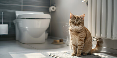 Striped cat and a toilet paper roll Cute cat sitting on toilet bowl with rolls of paper. - obrazy, fototapety, plakaty