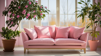 Light pink stylish furniture, armchair or couch with decorative pillow, home style