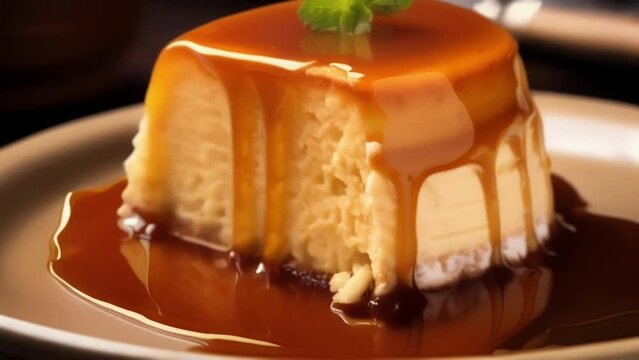 A decadent slice of l cuma cake, with its distinctive sweet and earthy flavor derived from the l cuma fruit, enveloped in a light sponge cake and topped with a creamy caramel glaze, serving