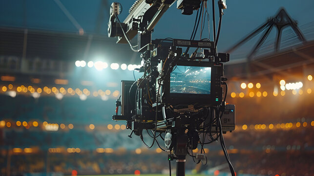 TV camera on a crane at a football match, generative Ai
