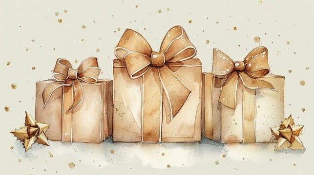 New Year and Happy birthday beige gift boxes with golden bows. Watercolor hand drawing illustration on isolate white background. Realistic element fo design holidays or wedding pastel colors