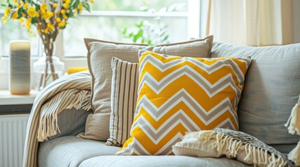 Pillows yellow and white chevron on A gray sofa in Modern living room.