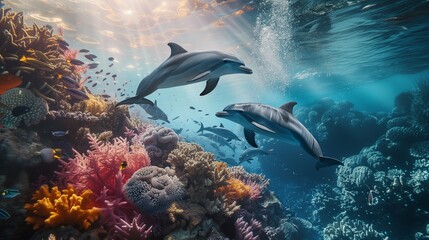 Sunlight Dances on Dolphins and Coral Reef
