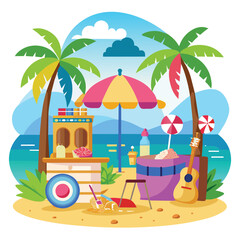 Tropical beach with palm trees, sand, sandpit, ice cream cart, coconut trees, sun umbrella and a guitar.