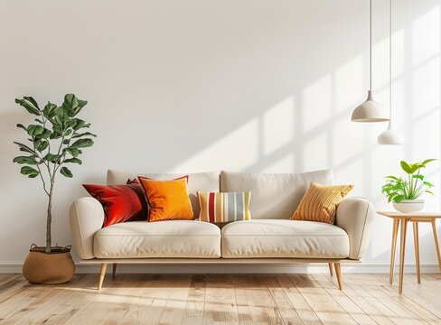 Sofa with colorful pillows in a modern living room and furniture
