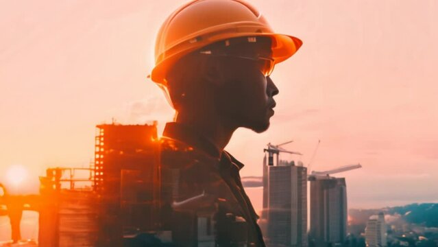 A male engineer stands in front of the city at sunset. Silhouette illustration of a construction worker inspecting a construction building on a white background.