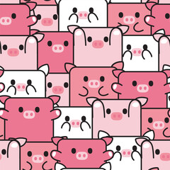 Repeat.Seamless pattern of cute pig in various poses background.Pink.Farm animal character cartoon design.Baby clothing print screen.Kawaii.Vector.Illustration.