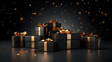 Una pila de cajas de regalo en papel dorado que ofrecen espacio para copiar para navidad o el viernes negro generado por ia
 - obrazy, fototapety, plakaty