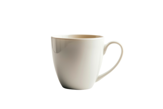
Elegant single white coffee cup in ceramic mug, side view isolated on pure white background Real daytime first person perspective