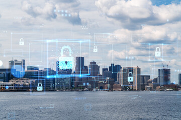 Cityscape with futuristic hologram security concept overlay, digital graphic style on urban background. Double exposure