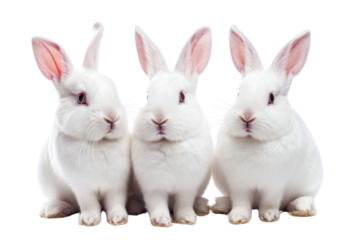 
Collection of three white rabbits (portrait, sitting), animal bundle isolated on a white background Real daytime 