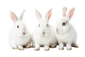 Fototapeta premium Collection of three white rabbits (portrait, sitting), animal bundle isolated on a white background Real daytime 