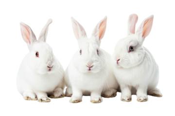 
Collection of three white rabbits (portrait, sitting), animal bundle isolated on a white background Real daytime 