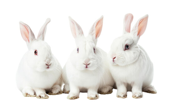 
Collection of three white rabbits (portrait, sitting), animal bundle isolated on a white background Real daytime 