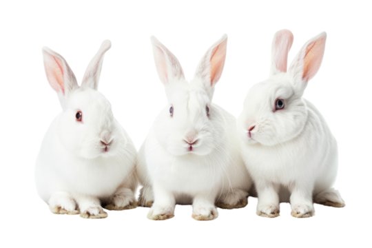 
Collection of three white rabbits (portrait, sitting), animal bundle isolated on a white background Real daytime 