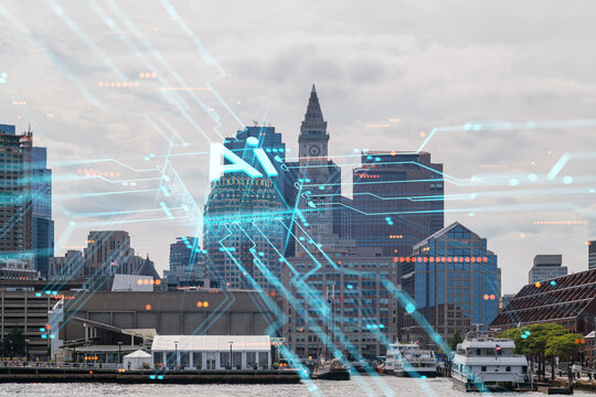 Boston skyline with holographic overlays, showcasing future technology and security concepts on a cloudy day. Double exposure